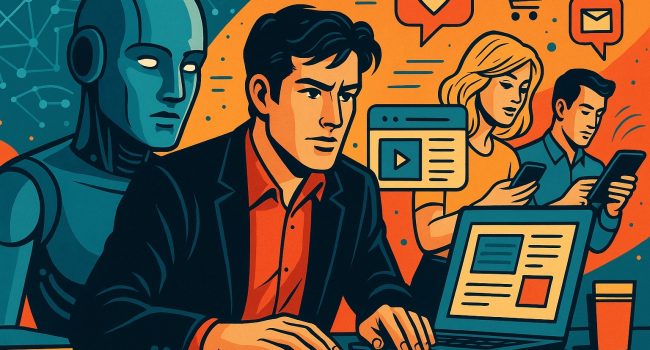 Illustrazione in stile fumetto italiano che raffigura l’integrazione dell’AI generativa nella strategia di contenuti di un brand, con figure professionali e un robot in un ambiente digitale moderno.