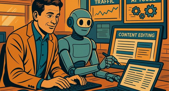 Consulente SEO lavora con un assistente robotico AI davanti a più schermi con dati, contenuti e strumenti SEO, in stile fumetto italiano widescreen