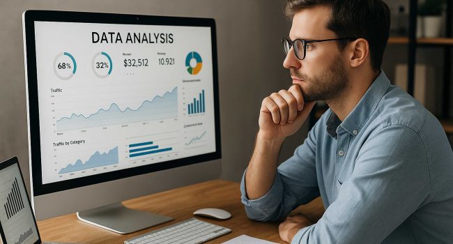 Giovane imprenditore analizza i dati di marketing sul laptop per prendere decisioni strategiche basate su informazioni reali