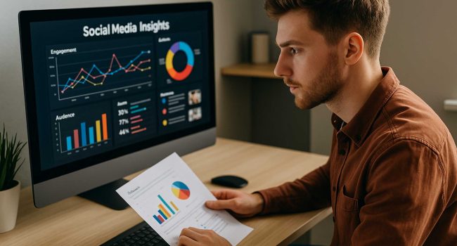 Giovane imprenditore osserva un monitor con grafici di insight e statistiche social per migliorare la strategia di marketing