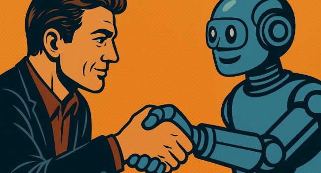 Illustrazione in stile fumetto di una mano umana che stringe la mano di un robot, a simboleggiare fiducia e collaborazione tra aziende e intelligenza artificiale