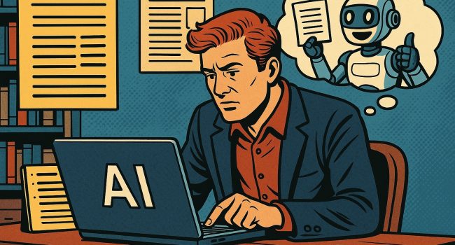 Illustrazione fumettistica italiana che mostra un creatore di contenuti con laptop e pannelli digitali, simbolo dell'automazione AI nella scrittura di blog.