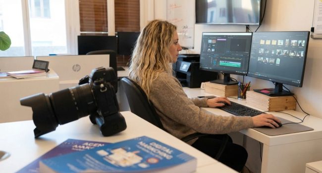 Professionista al lavoro su immagini ottimizzate con intelligenza artificiale nello studio Outside the Box a Firenze