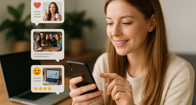Giovane donna caucasica crea contenuti social da casa con smartphone e laptop, rappresentazione del content marketing basato su UGC