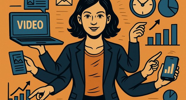 Immagine in stile fumetto di una donna d’affari con più braccia intenta a gestire contemporaneamente diversi media e contenuti digitali