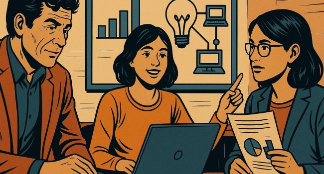 Illustrazione in stile fumetto di un imprenditore con occhiali che presenta un grafico con freccia crescente su una lavagna, a simboleggiare la crescita del business online