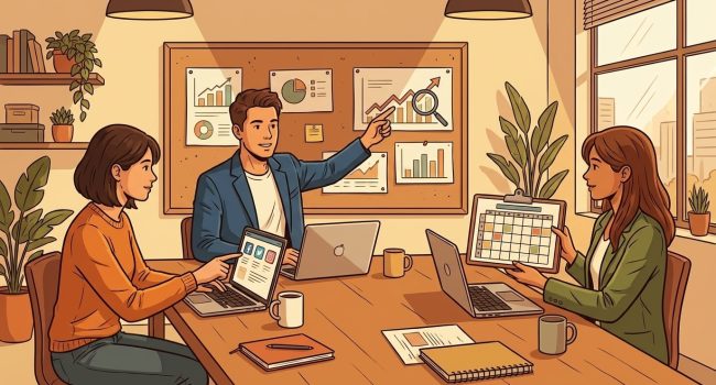 Illustrazione fumettistica di un team di marketing con laptop e grafici (strategia SEO, social e contenuti)