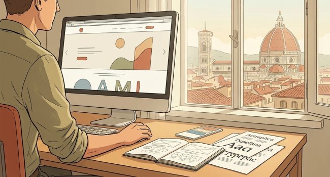 Designer a Firenze lavora su layout minimalista con tipografia d'impatto per sito web PMI