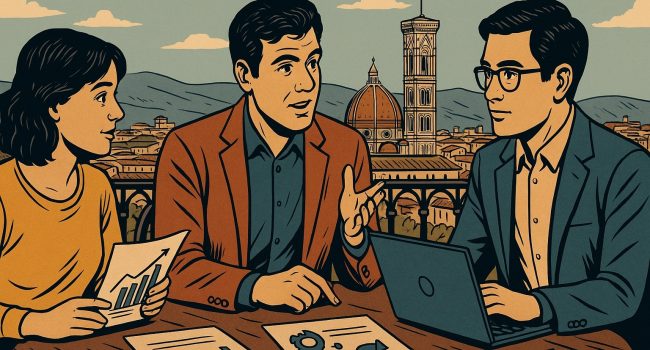 Illustrazione in stile fumetto: un consulente di marketing digitale conversa con due piccoli imprenditori mostrando grafici al tavolo, sullo sfondo il Duomo di Firenze