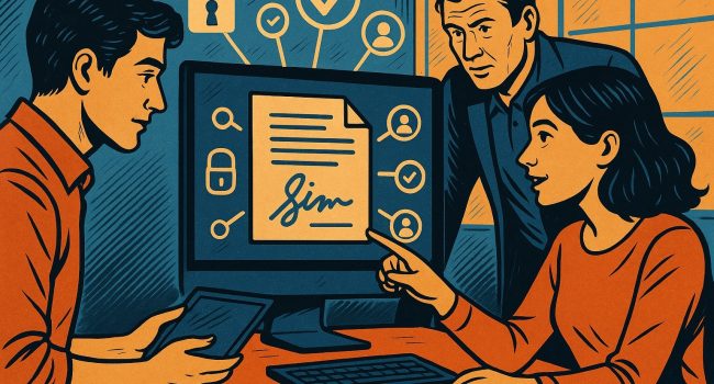 Tre professionisti in ufficio discutono la firma elettronica su un documento digitale, in stile fumetto vintage italiano con colori arancione e blu.