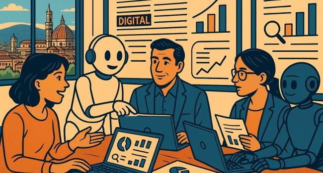 Illustrazione fumetto widescreen: esperto e robot AI lavorano insieme su contenuti web ottimizzati