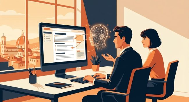 Due professionisti digitali analizzano contenuti su uno schermo mentre un assistente AI mostra suggerimenti in una nuvola visiva