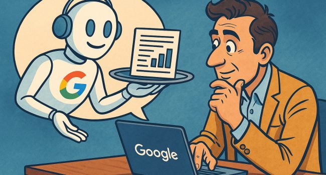 Illustrazione in stile fumetto che mostra Google come un assistente AI che offre consigli a un imprenditore di una PMI davanti al computer