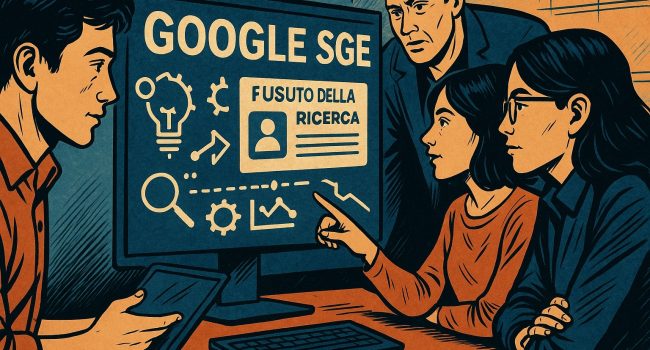 Illustrazione digitale in stile fumetto italiano con un team marketing che analizza la ricerca generativa di Google SGE su un grande schermo.