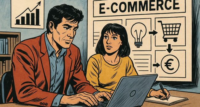 Illustrazione in stile fumetto italiano che mostra quattro professionisti digitali in un ambiente moderno, impegnati tra AI, e-commerce, dati e contenuti, simbolo dell’innovazione marketing nelle PMI nel 2026.