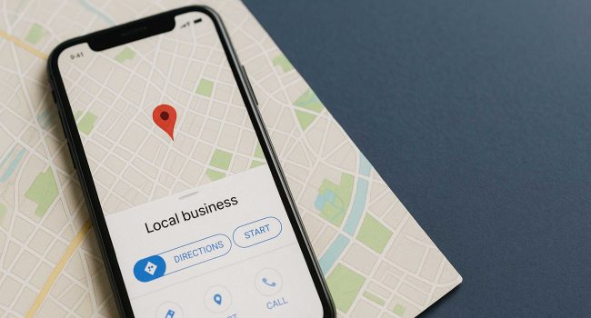 Smartphone con mappa aperta, segnaposto rossi e sfondo urbano sfocato, simbolo della SEO locale nel 2025