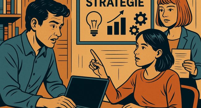 Tre professionisti discutono strategie organiche in un ufficio, con simboli di crescita sullo sfondo