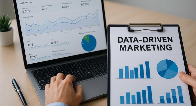 Analista digitale al lavoro su laptop con dashboard e grafici di marketing data-driven