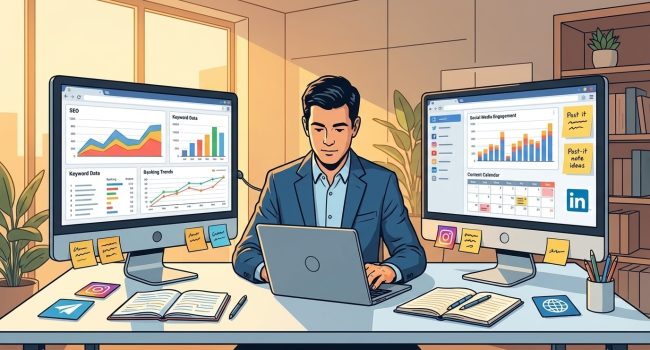 Imprenditore davanti a schermi con grafici SEO e icone social (illustrazione fumetto)