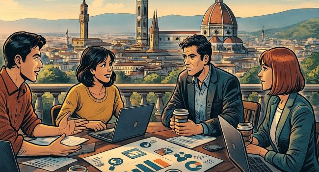 Professionisti discutono strumenti digitali gratuiti per il marketing su una terrazza a Firenze, con Duomo sullo sfondo