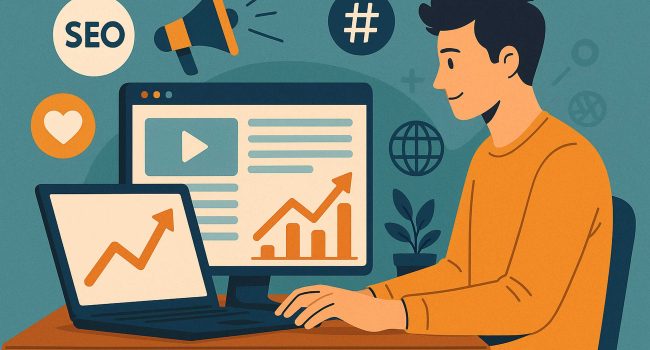 Giovane imprenditore davanti a due schermi che mostrano grafici e contenuti digitali legati a SEO e social media