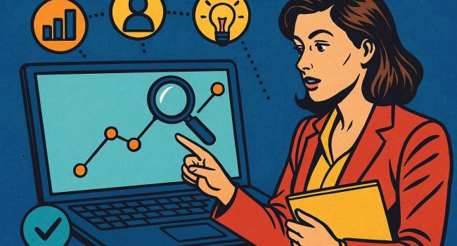 Illustrazione in stile fumetto italiano che raffigura una professionista che analizza dati predittivi su un laptop, simbolo del marketing predittivo e dell’uso dell’intelligenza artificiale per anticipare i bisogni dei clienti.