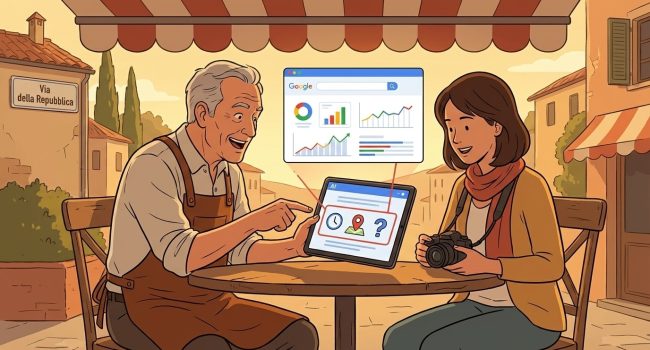 Due piccoli imprenditori toscani osservano un assistente AI che mostra grafici e micro-momenti su un tablet, in uno scenario urbano toscano.