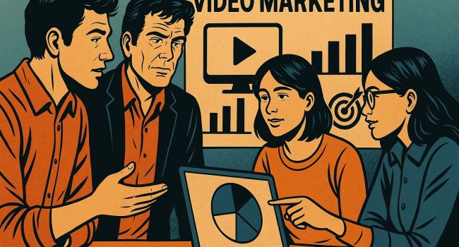 Illustrazione in stile fumetto italiano con consumatori intenti a usare lo smartphone in vari contesti: informazioni, acquisto, navigazione, tutorial.