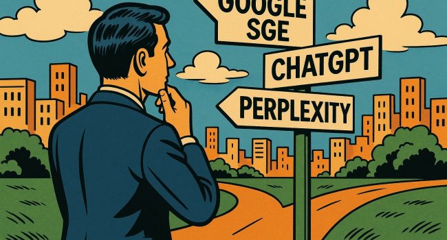 Uomo in abito da lavoro riflette davanti a un bivio con tre cartelli: Google SGE, ChatGPT, Perplexity, in stile fumetto italiano widescreen