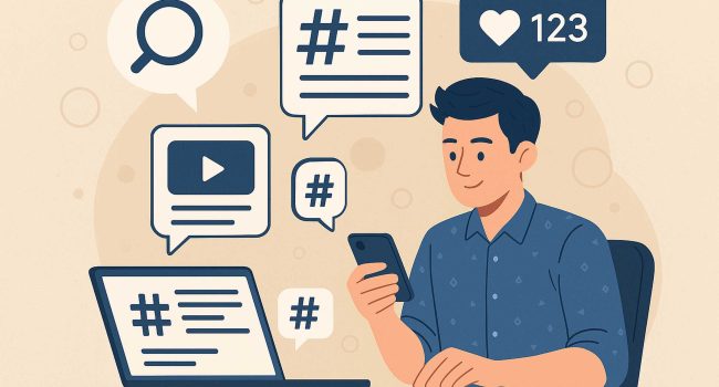 Giovane social media manager analizza la strategia dei post su uno schermo con icone di social network