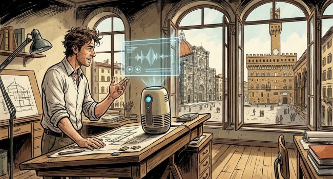 Illustrazione in stile fumetto: un imprenditore nel suo ufficio a Firenze usa un assistente vocale mentre lavora al computer, con vista sulla città.