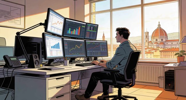 Ufficio moderno con specialista SEO che guarda monitor con grafici di dati SEO