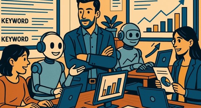Illustrazione fumetto: imprenditori PMI e robot AI pianificano al computer una strategia SEO nel 2026