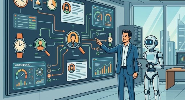 Illustrazione in stile fumetto: un marketer e un assistente AI pianificano strategie davanti a dati e orologi (micro-momenti).