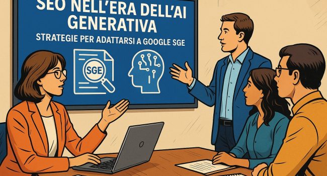 Team di marketing pianifica una strategia SEO con l’AI generativa su grande schermo