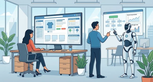 Due specialisti e-commerce ottimizzano una scheda prodotto con l’aiuto di un assistente AI, in stile fumetto italiano widescreen