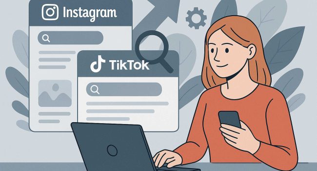 Giovane professionista analizza i dati dei social media su uno smartphone, con focus su Instagram e TikTok