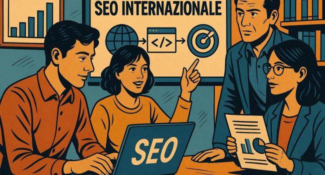 Illustrazione in stile fumetto italiano con imprenditori e consulenti SEO che analizzano strategie di posizionamento per i mercati esteri su una mappa globale.