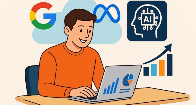 Giovane imprenditore felice davanti a dashboard con dati pubblicitari su schermo, simbolo del successo delle campagne digitali per PMI