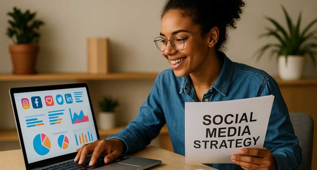 Giovane donna analizza strategia social su laptop con grafici e icone di Instagram, Facebook, LinkedIn e Twitter
