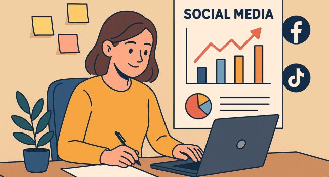 Illustrazione di una giovane imprenditrice al lavoro sulla strategia social, con laptop e icone di social network