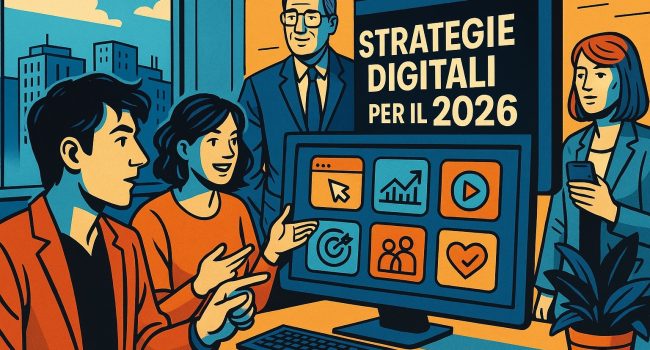 Illustrazione widescreen in stile fumetto italiano che raffigura un team di professionisti che lavora su uno schermo con icone digitali, rappresentando le strategie per rinnovare la presenza online nel 2026.