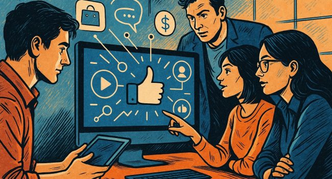 Illustrazione in stile fumetto italiano che rappresenta quattro professionisti social media in un ambiente digitale immersivo con pannelli, feed, icone social e schermi interattivi, simbolo delle strategie di social media marketing nel 2026.