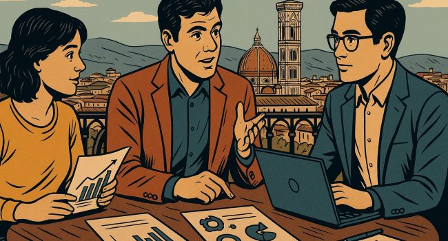 Illustrazione in stile fumetto di un team di una piccola impresa che pianifica strategie di marketing digitale a Firenze