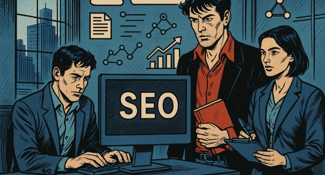 Illustrazione in stile Dylan Dog che rappresenta l’evoluzione della SEO nel 2026, con professionisti che analizzano dati e strategie digitali in un’atmosfera tecnologica e misteriosa.