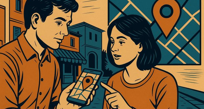 Due persone guardano una mappa sullo smartphone per trovare un’attività locale