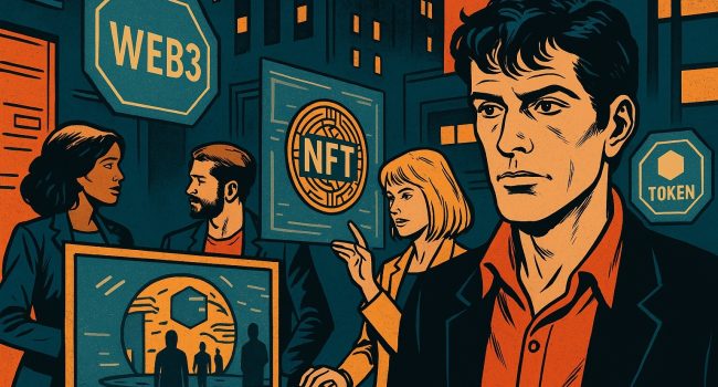 Illustrazione in stile fumetto italiano che rappresenta un gruppo di professionisti in un ambiente urbano futuristico, circondati da ologrammi con scritte Web3, NFT e Token, simbolo del marketing del futuro e della trasformazione digitale.