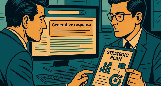 Due consulenti discutono un piano strategico davanti a una schermata con risposta generativa, in stile fumetto italiano widescreen